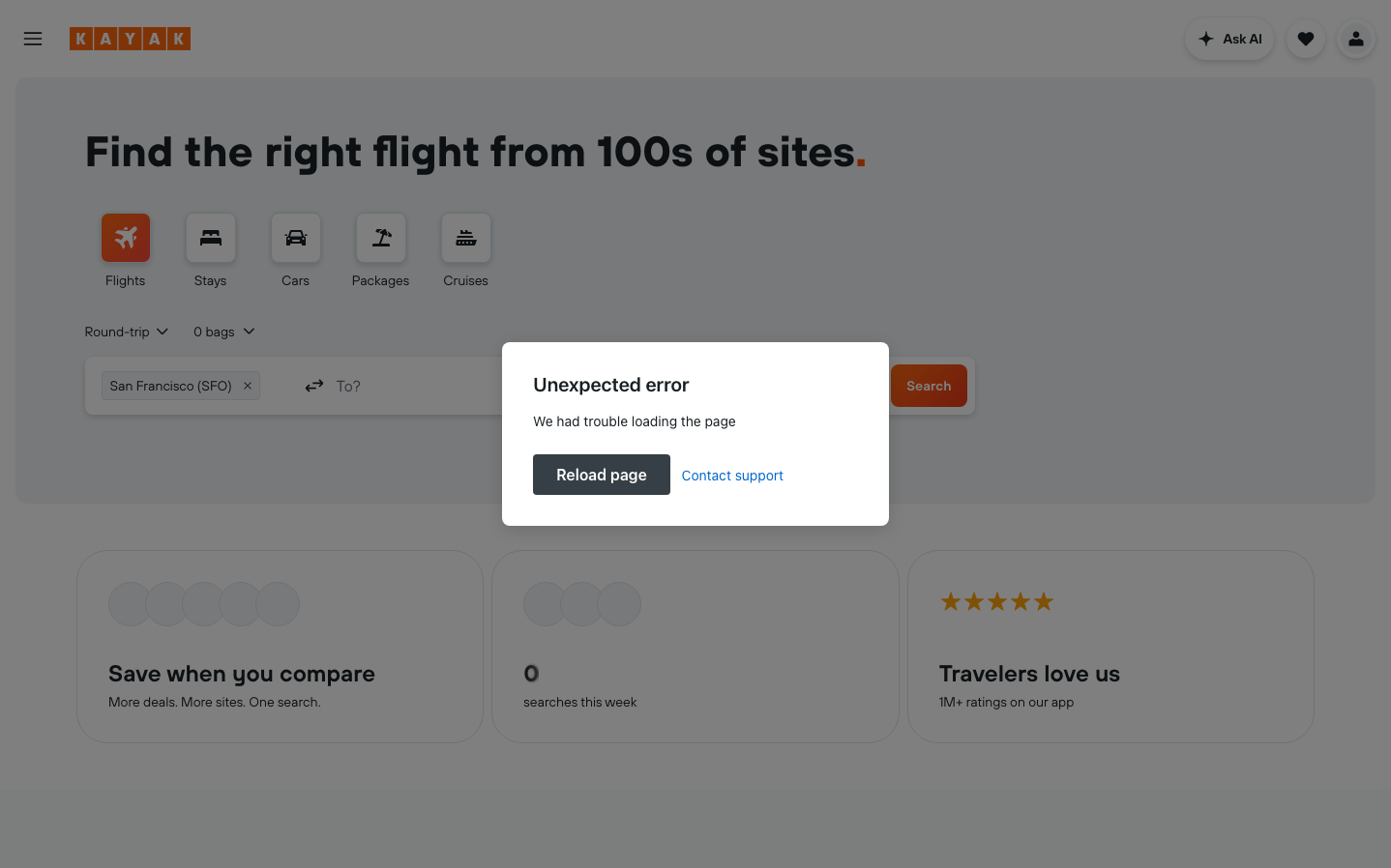Screenshot of KAYAK website